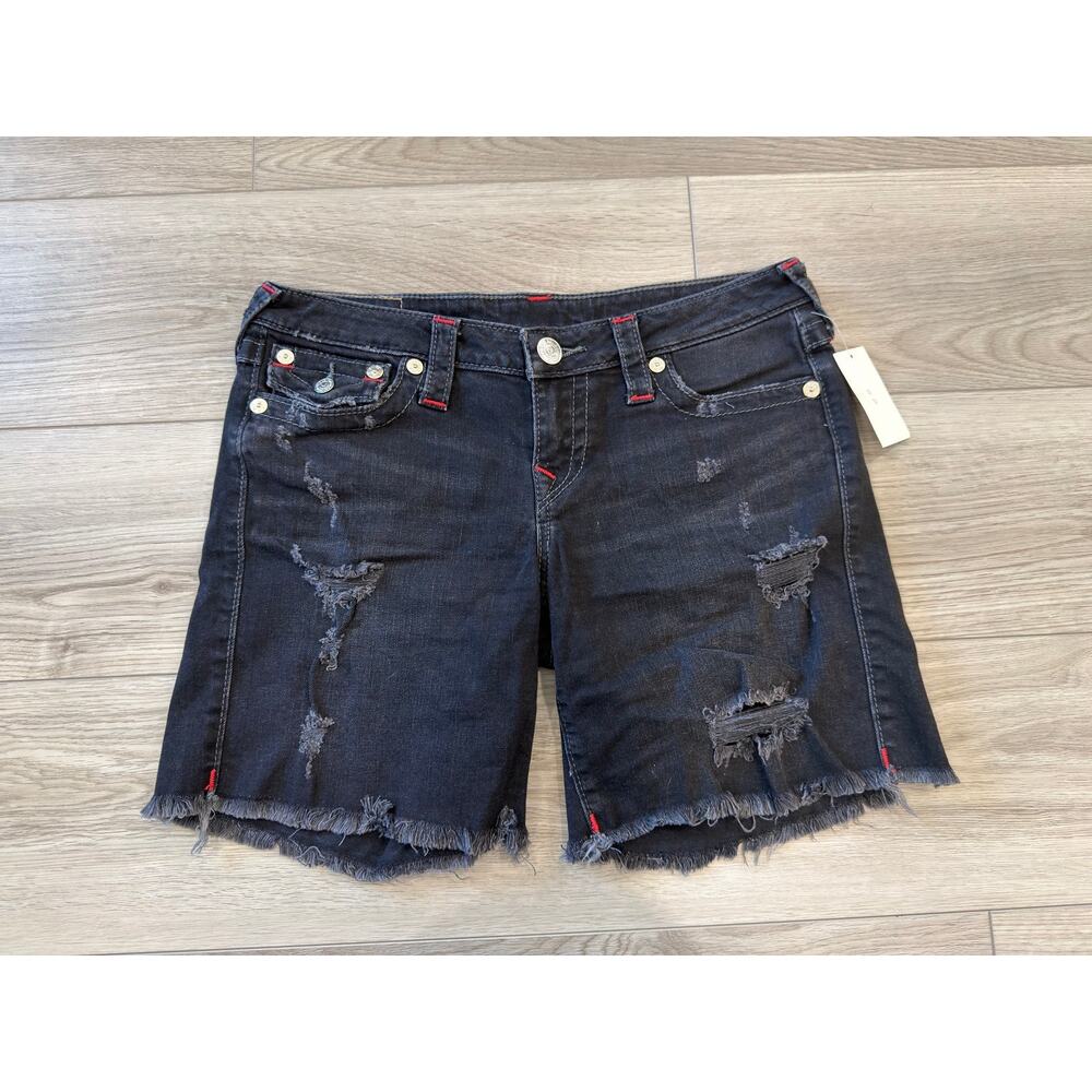 True Religion Mid Rise Flap Distressed Black Casual 7" Shorts NWT 28